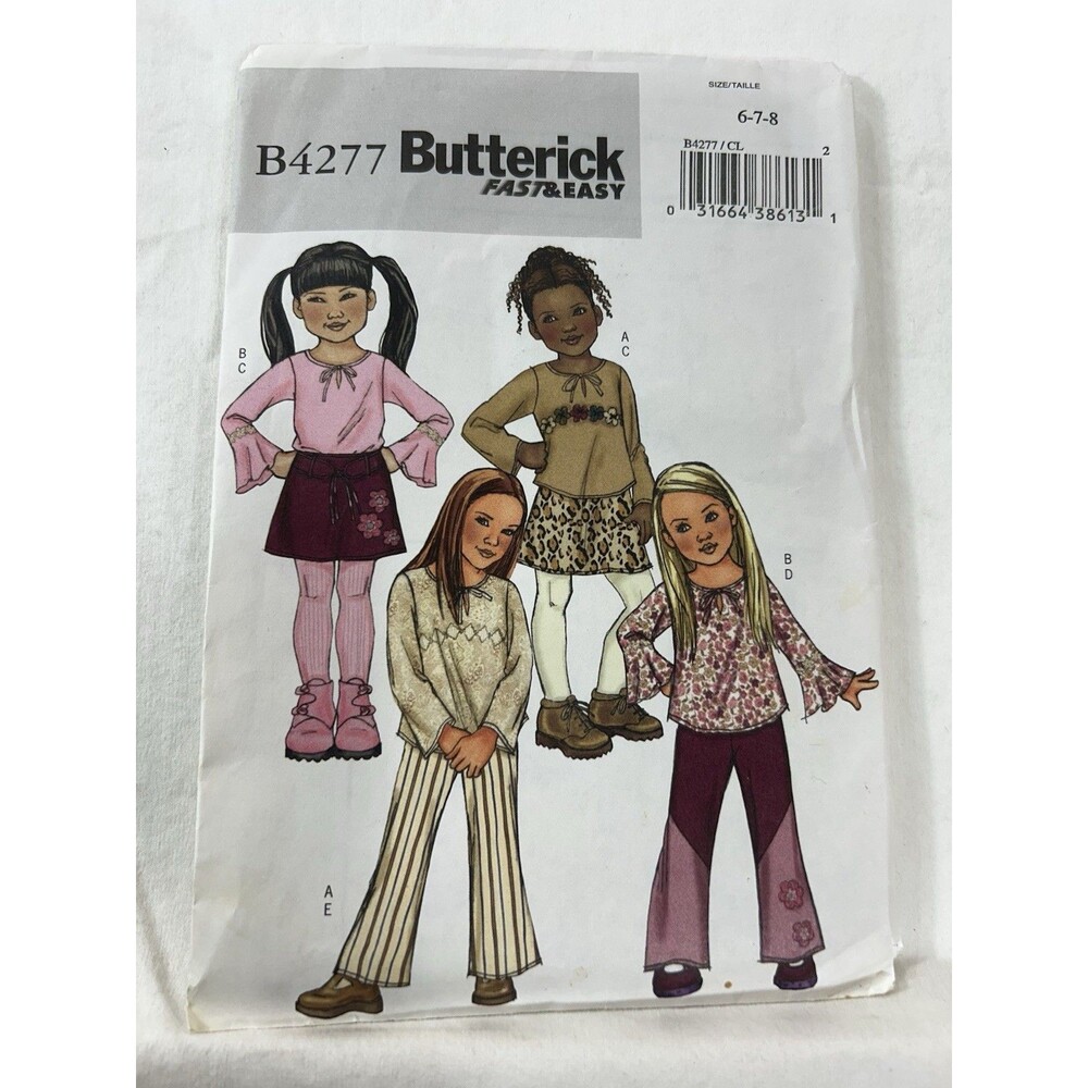 Vintage Butterick B4277 Girls Pattern, Size 6-7-8, Uncut Tops Skirt Pants Belt